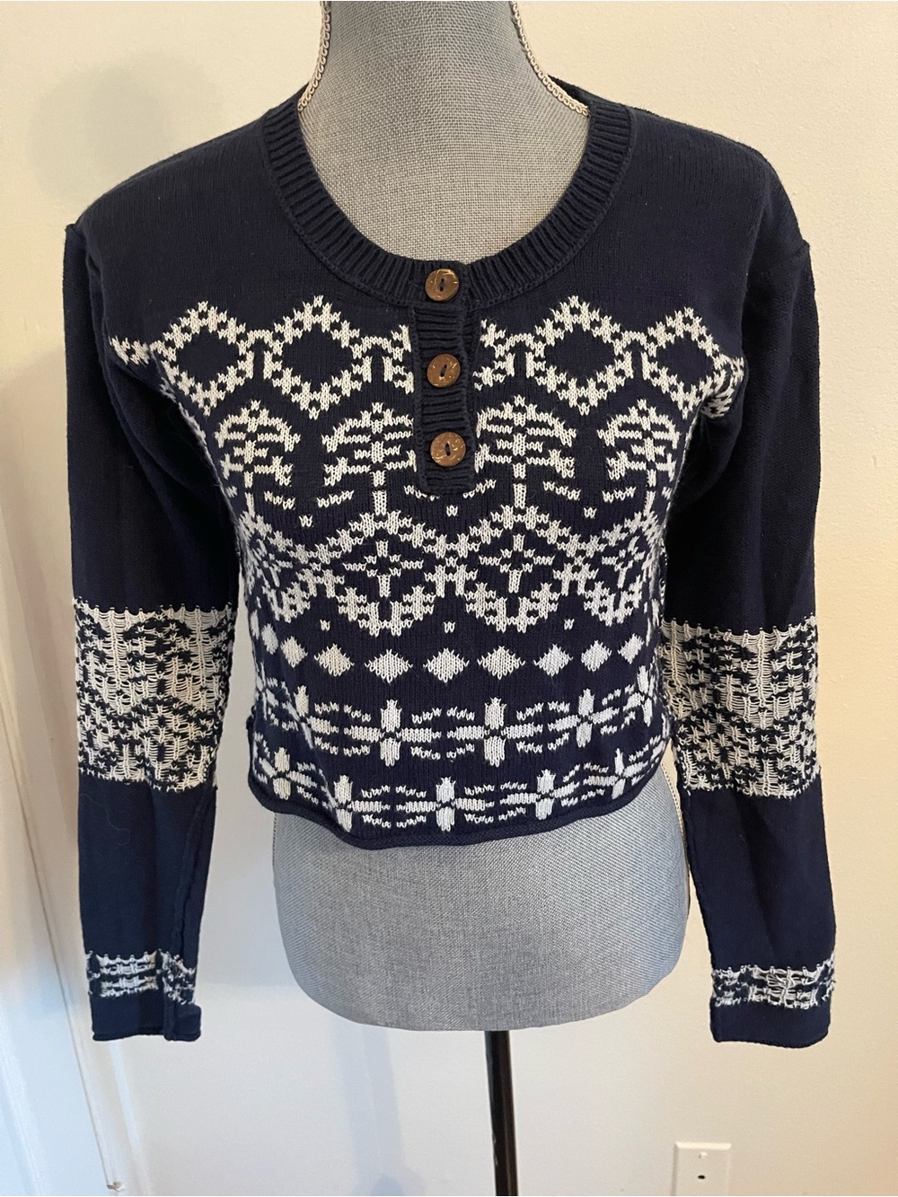 Free People Navy and White Nordic Crew Sweater with Button Placket. Size S